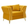 Art deco kreslo Velaria so širokým sedadlom a operadlom v chesterfield štýle so žltým zamatovým čalúnením s vankúšom a diamantovým prešívaním so zlatými detailmi