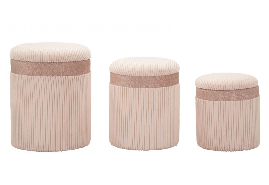 Moderný set troch okrúhlych zamatových ružových taburetiek Mendy s rebrovaným poťahom s úložným priestorom 49 cm