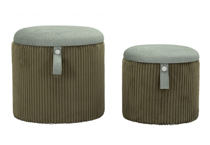 Moderný set okrúhlych čalúnených úložných taburetiek Lidia so zeleným kaki rebrovaným zamatovým poťahom 38 cm
