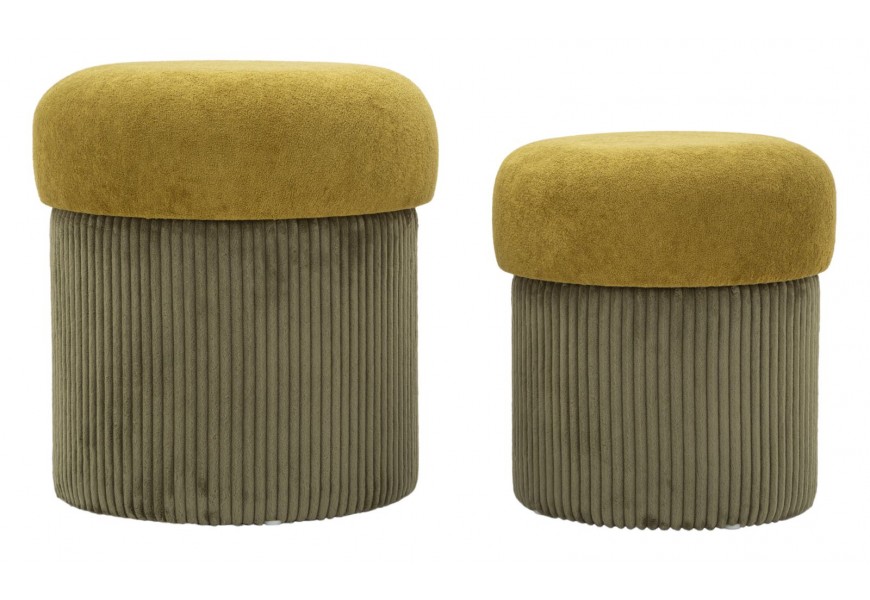 Moderný set okrúhlych čalúnených zelených taburetiek Mavis s rebrovaným zamatovým poťahom a úložným priestorom 44 cm