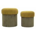 Moderný set okrúhlych čalúnených zelených taburetiek Mavis s rebrovaným zamatovým poťahom a úložným priestorom 44 cm
