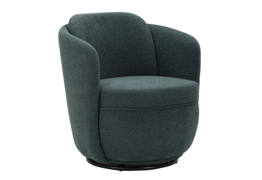 Dizajnové klubové otočné kreslo Meron v petrolejovej modrej farbe s bouclé poťahom s podstavou z kovu v čiernej farbe