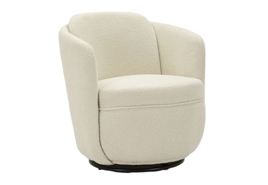 Dizajnové klubové bouclé kreslo Meron so zaoblenými opierkami v krémovej farbe s otočnou funkciou s čiernou kovovou podstavou