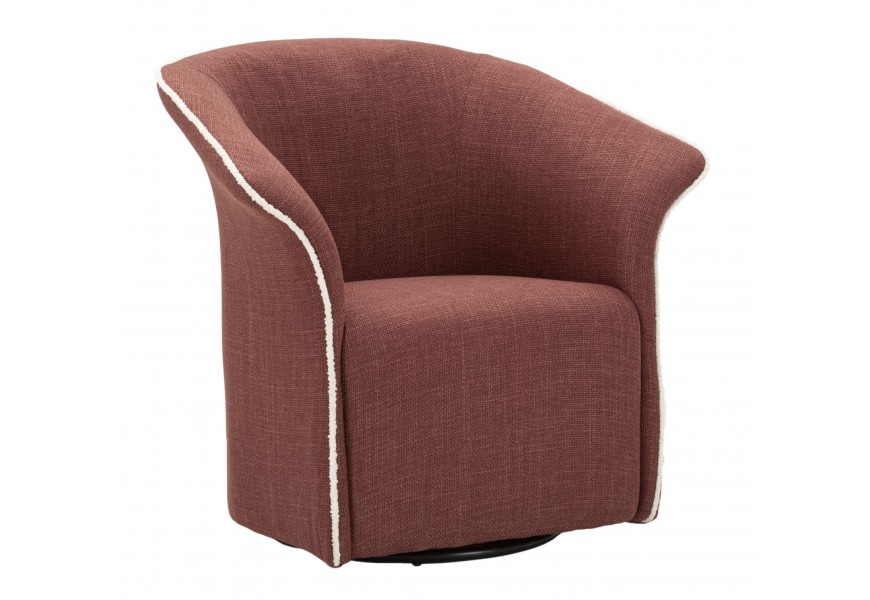 Dizajnové klubové kreslo Merlon s otočnou funkciou v terakotovej hnedej farbe s prešívaným lemom v bielej farbe s čiernou kovovou podstavou