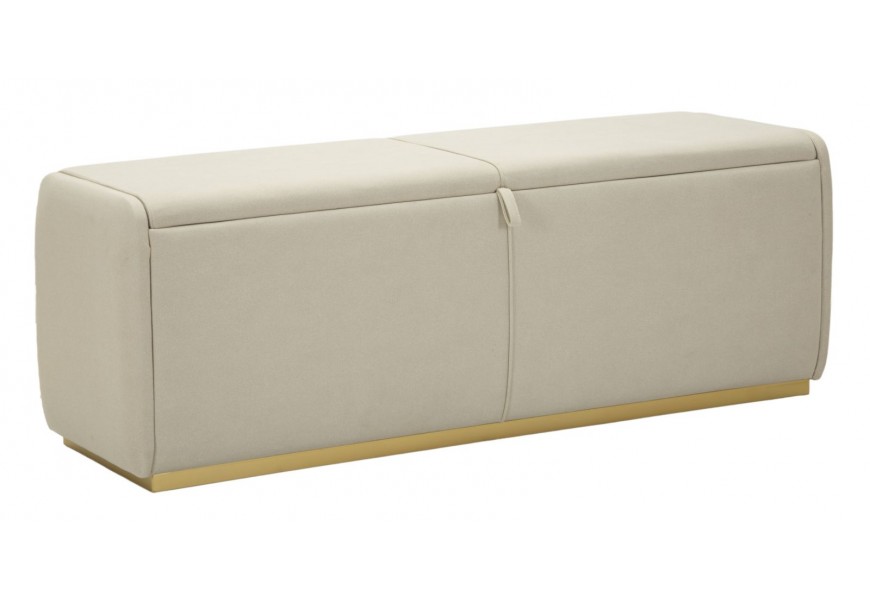 Moderná dizajnová lavica Monde s úložným priestorom so svetlým sivým čalúnením a zlatou podstavou 130 cm