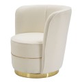 Glamour krémové okrúhle kreslo Claria s mäkkým poťahom z látky bouclé s výrezom v operadle a zlatou kovovou podstavou 85 cm