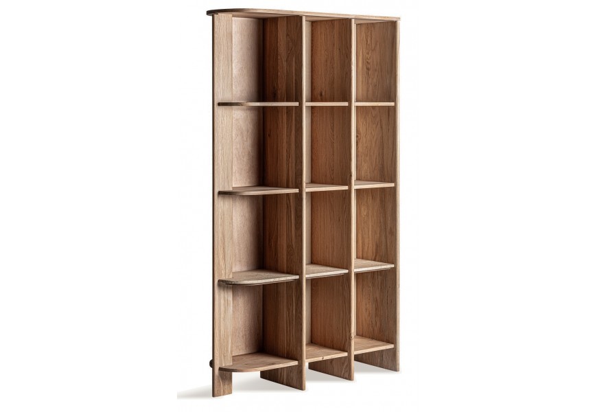 Luxusný moderný regál Naria v obdĺžnikovom tvare z masívneho dubového dreva v hnedej farbe s dvanástimi policami s nožičkami so zaoblenou jednou stranou