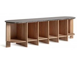 Luxusná škandinávska obdĺžniková mramorová knižnica Naria z dubového dreva so zaoblenými rohmi so šiestimi policami 240 cm 