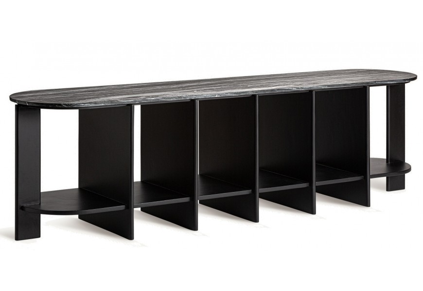 Luxusný škandinávsky TV stolík Naria v čiernej farbe z masívneho mangového dreva so zaoblenými rohmi so šiestimi policami a siedmimi nožičkami v oválnom tvare