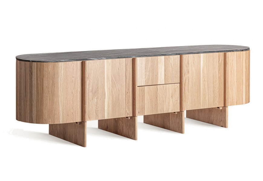 Luxusný štvordverový škandinávsky obdĺžnikový hnedý príborník Naria z dubového dreva s mramorovou čiernou doskou 240 cm 