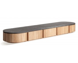 Luxusný obdĺžnikový hnedý TV stolík Naria s tromi zásuvkami z dubového dreva s vrchnou mramorovou čiernou doskou 240 cm