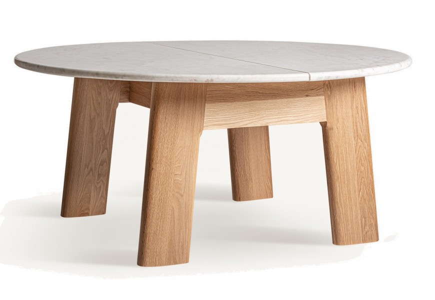 Luxusný škandinávsky okrúhly mramorový jedálenský stôl Naria s bielou doskou a hnedými dubovými masívnymi nožičkami 160