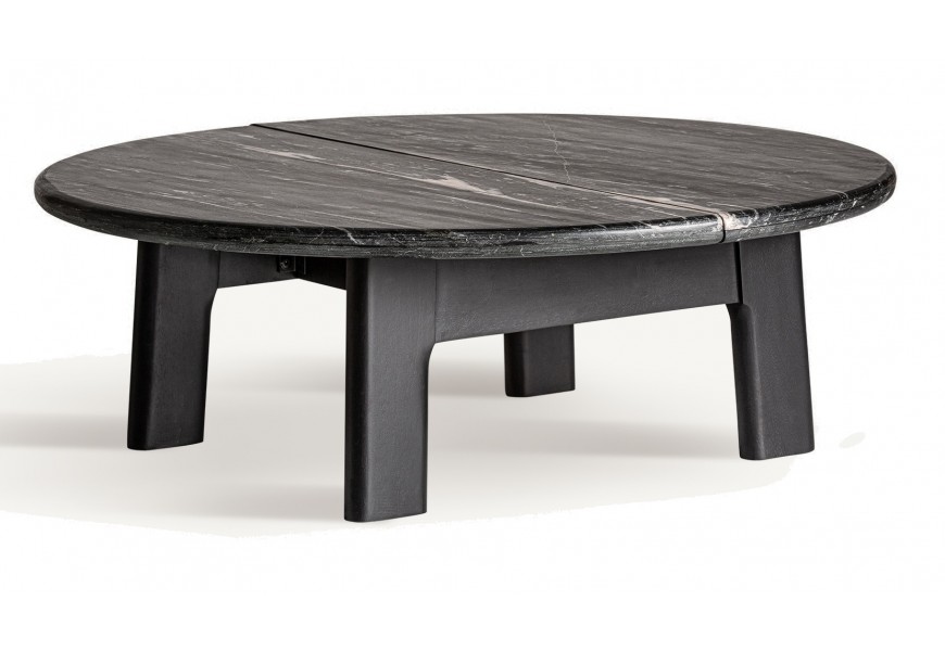 Moderný konferenčný stolík Naria s elegantnou okrúhlou doskou z čierneho mramoru s prirodzeným žilkovaním a stabilnými nožičkami z masívneho mangového dreva