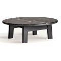 Moderný konferenčný stolík Naria s elegantnou okrúhlou doskou z čierneho mramoru s prirodzeným žilkovaním a stabilnými nožičkami z masívneho mangového dreva