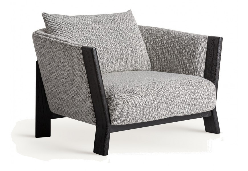 Luxusné retro sivé kreslo Naria zaobleného tvaru z dubového dreva v čiernej farbe s obdĺžnikovým vankúšom so štyrmi nožičkami s obdĺžnikovým pôdorysom