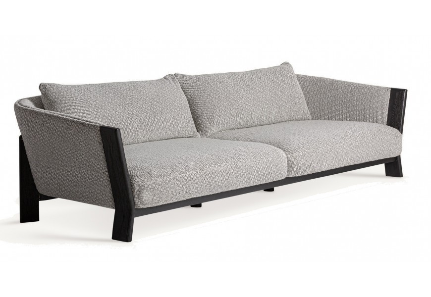 Luxusná dvojmiestna sivá retro sedačka Naria obdĺžnikového tvaru z masívneho dubového čierneho dreva so sivou textúrovanou poťahovou látkou so siedmymi nožičkami