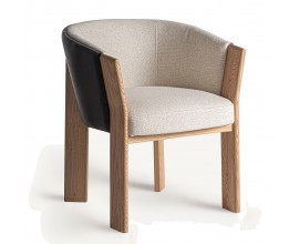 Luxusná retro jedálenská stolička Naria oblého tvaru z masívneho hnedého dubového dreva s čiernym koženým čalúnením s béžovou textíliou so štyrmi obdĺžnikovými nožičkami