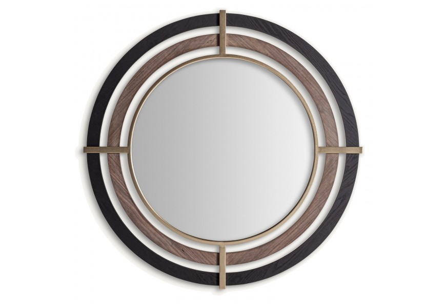 Glamour nástenné závesné zrkadlo Missy v okrúhlom tvare s rámom z kovu a masívneho dreva v hnedej čiernej a zlatej farbe