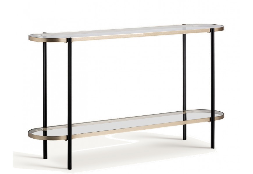 Glamour konzolový stolík Beny s poličkou v obdĺžnikovom tvare s oblými rohmi s rámom z kovu v zlatej farbe a nožičkami v čiernej farbe z kovu s matným povrchom