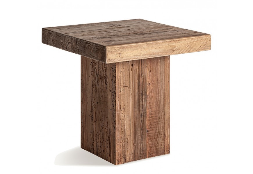 Luxusný vidiecky príručný stolík Lilia s rustikálnym nádychom v štvorcovom tvare z masívneho dreva v hnedej farbe s prírodným vzhľadom a mohutnou kvádrovou nohou