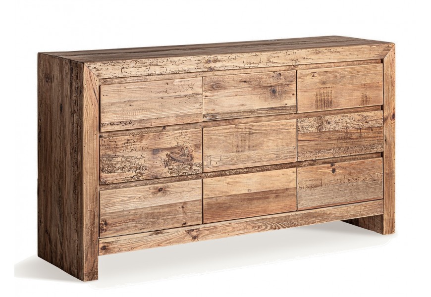 Rustikálna komoda Lilia v obdĺžnikovom tvare s deviatimi zásuvkami z masívneho dreva v hnedej farbe s prírodným vidieckym vzhľadom