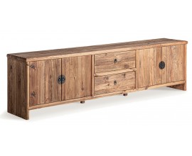 Luxusný vidiecky štvordierkový obdĺžnikový hnedý masívny TV stolík Lilia s dvomi zásuvkami a kovovými úchytkami 240 cm 