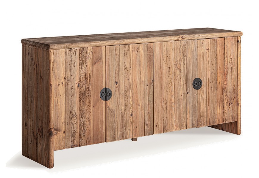 Luxusný rustikálny príborník Lilia v obdĺžnikovom tvare so štyrmi dvierkami z masívneho dreva v hnedej farbe s poličkami s prírodným vidieckym vzhľadom