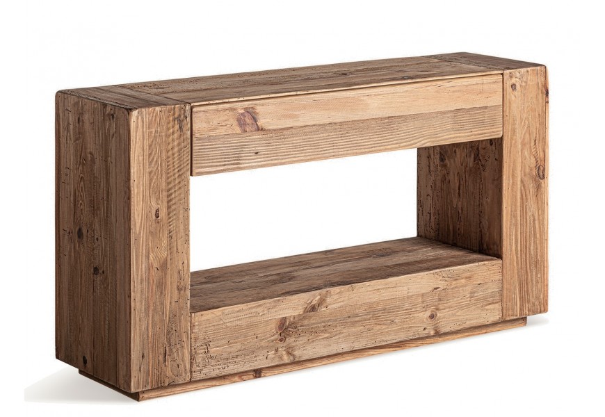 Luxusn&yacute; rustik&aacute;lny obdĺžnikov&yacute; mas&iacute;vny konzolov&yacute; stol&iacute;k Poli v hnedom pr&iacute;rodnom vzhľade s otvorom s poličkou a z&aacute;suvkou 140 cm 