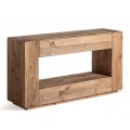 Luxusn&yacute; rustik&aacute;lny obdĺžnikov&yacute; mas&iacute;vny konzolov&yacute; stol&iacute;k Poli v hnedom pr&iacute;rodnom vzhľade s otvorom s poličkou a z&aacute;suvkou 140 cm 