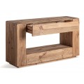 Luxusn&yacute; rustik&aacute;lny obdĺžnikov&yacute; mas&iacute;vny konzolov&yacute; stol&iacute;k Poli v hnedom pr&iacute;rodnom vzhľade s otvorom s poličkou a z&aacute;suvkou 140 cm 