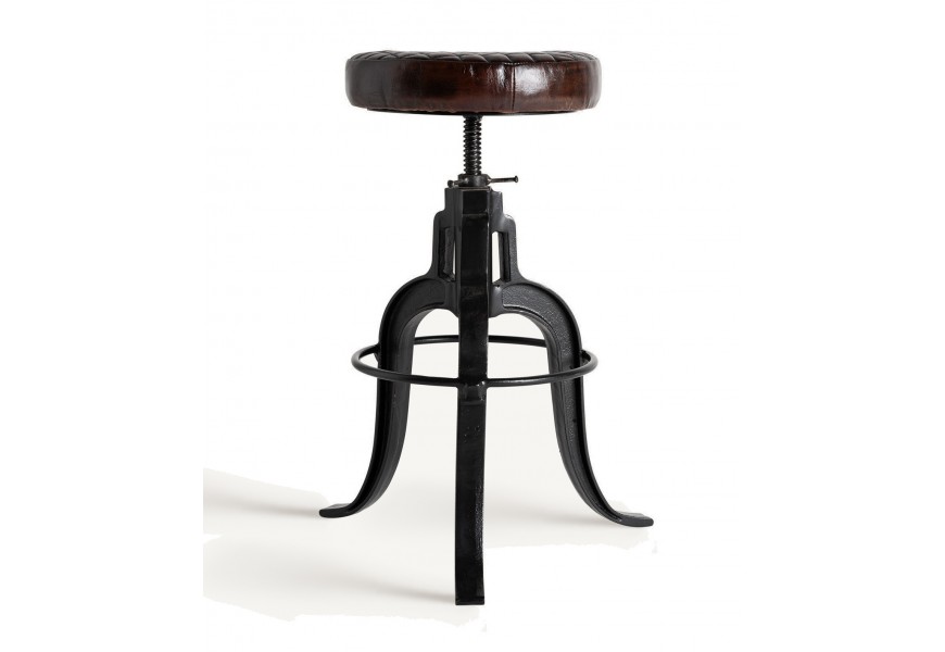 Industriálna taburetka Londia s otáčavou a výškovo nastaviteľnou funkciou v okrúhom tvare s eko koženým poťahom s čalúnením a prešívaním s tromi nožičkami v čiernej farbe s lesklým povrchom