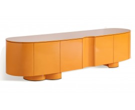 Art deco oranžový oválny štvordverový TV stolík Munios s lesklým hladkým povrchom s oblými hranami a oválnymi nožičkami 220 cm