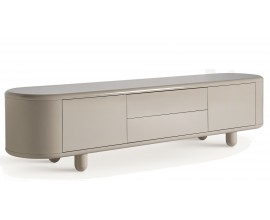 Luxusný béžový moderný TV stolík Lorian oblého tvaru s úložným priestorom s lesklým povrchom s oblými nožičkami 240 cm 