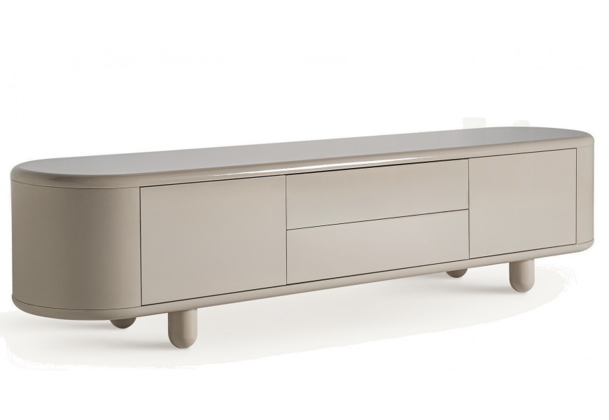 Moderný béžový TV stolík Lorian oblého tvaru z dreva s úložným priestorom s dvomi dvierkami s dvomi poličkami s dvomi zásuvkami s lesklým povrchom s oblými nožičkami s push-to-open otváraním