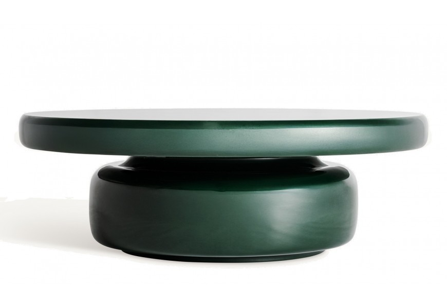 Moderný okrúhly konferenčný stolík Verde smaragdovej zelenej farby s lesklým povrchom s okrúhlou vrchnou doskou so zaoblenými hranami s jednou robustnou nohou