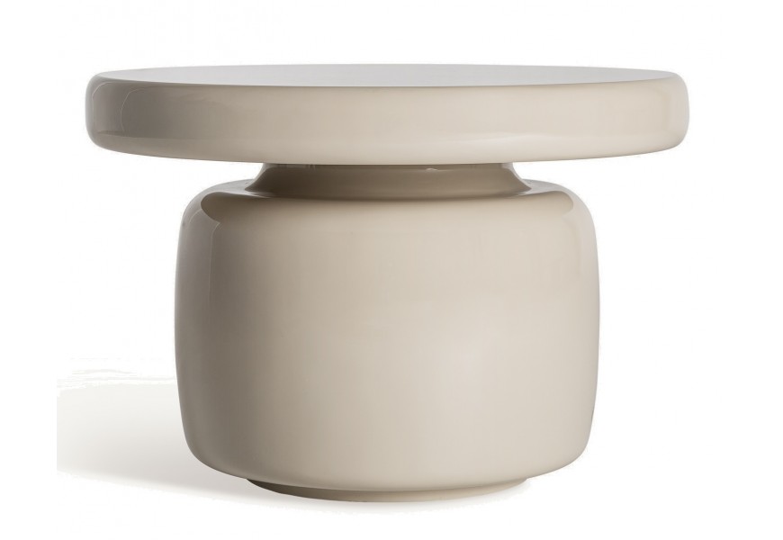 Moderný okrúhly príručný stolík Loriana béžovej farby s lesklým povrchom s okrúhlou doskou s jednou nohou valcovitého tvaru