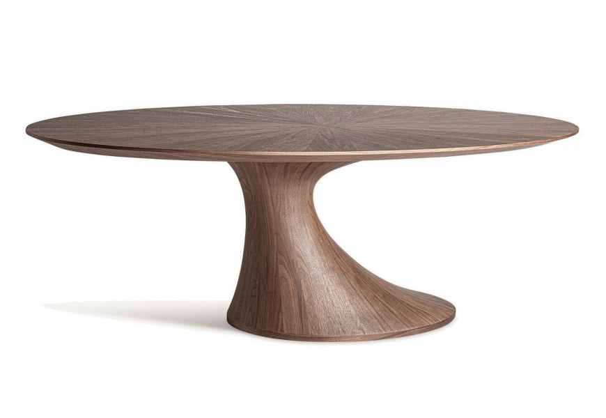 Luxusný moderný tmavohnedý jedálenský stôl Eloria s oválnou vrchnou doskou so vzorom s matnou povrchovou úpravou s asymetrickou nohou s prirodzenou kresbou dreva