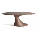 Luxusný moderný tmavohnedý jedálenský stôl Eloria s oválnou vrchnou doskou so vzorom s matnou povrchovou úpravou s asymetrickou nohou s prirodzenou kresbou dreva