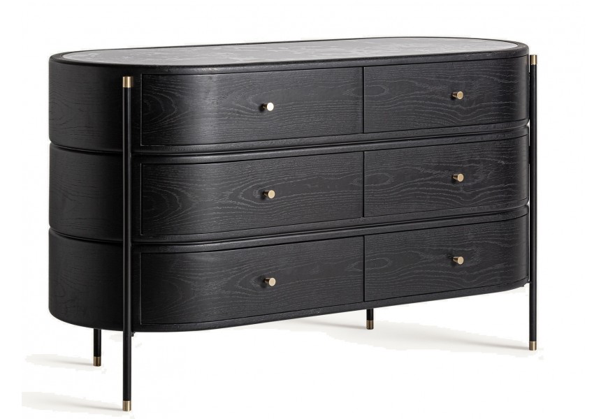 Luxusná art deco komoda Alessio s čiernou konštrukciou so zaobleným dizajnom s mramorovou vrchnou doskou a šiestimi zásuvkami so zlatými úchytkami