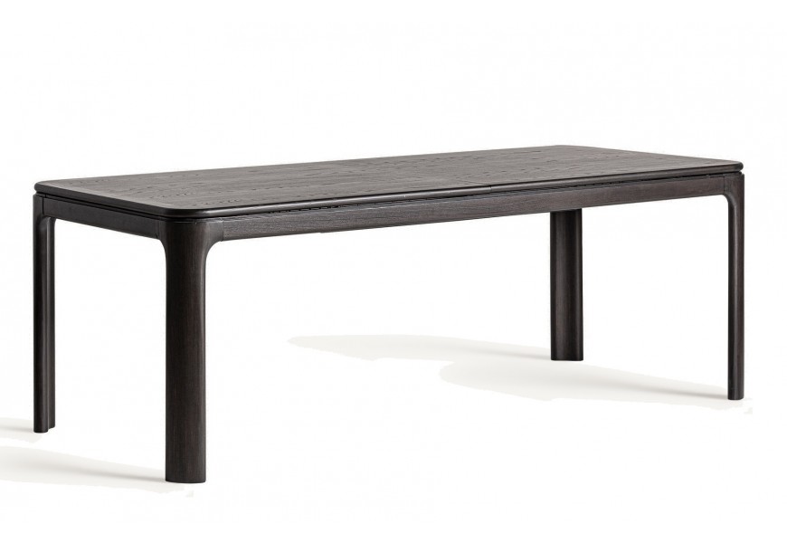 Luxusný jedálenský stôl Kolin v obdĺžnikovom tvare s oblými rohmi v čiernej farbe s rozkladacou funkciou z masívneho jaseňového a kaučukového dreva