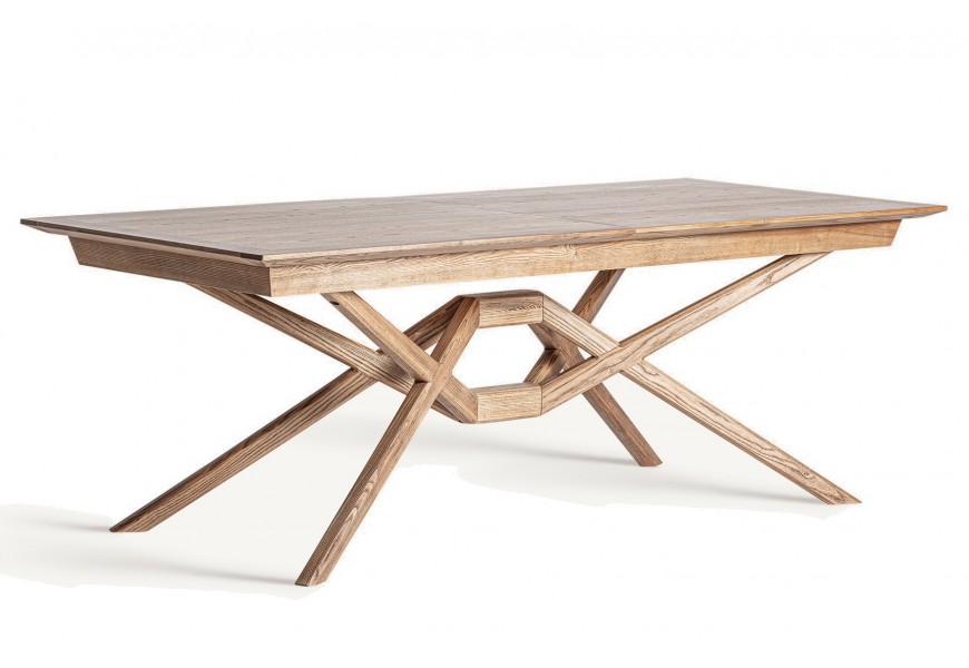 Luxusný jedálenský stôl Pira v obdĺžnikovom tvare v hnedej farbe z masívneho jaseňového dreva s rozkladacou funkciou s prekríženými geometrickými nožičkami