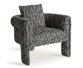 Luxusné moderné kreslo Nikolay s celoplošným čalúnením s melírovaným vzorom v čiernej a bielej farbe s vankúšom 82 cm