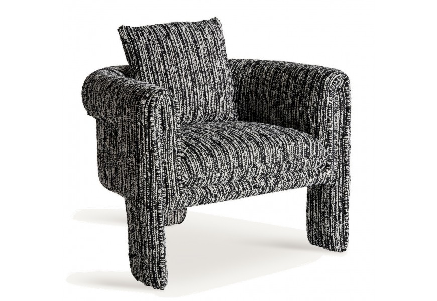 Luxusné moderné kreslo Nikolay s celoplošným čalúnením s melírovaným vzorom v čiernej a bielej farbe s vankúšom 82 cm