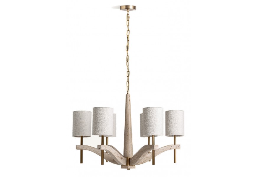 Luxusný glamour luster Monique so šiestimi ramenami z mramoru v béžovej farbe so zlatými kovovými detailmi a závesnou retiazkou a valcovitými tienidlami z buklé látky v off-white odtieni bielej