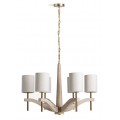 Luxusný glamour luster Monique so šiestimi ramenami z mramoru v béžovej farbe so zlatými kovovými detailmi a závesnou retiazkou a valcovitými tienidlami z buklé látky v off-white odtieni bielej