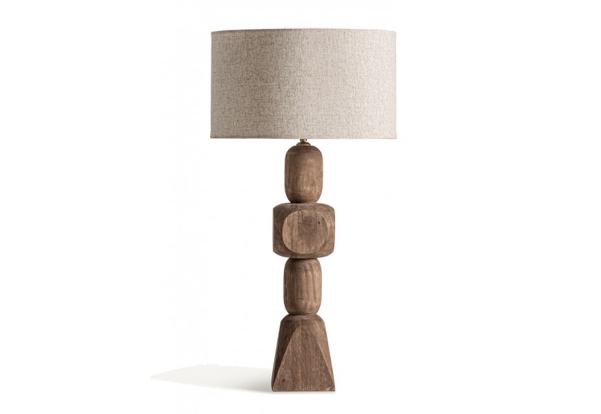 Luxusná etno stolná lampa Ninewe s dizajnovou podstavou z masívneho mangového dreva v hnedej farbe a okrúhlym krémovým tienidlom s výrazným tkaním z jutového vlákna