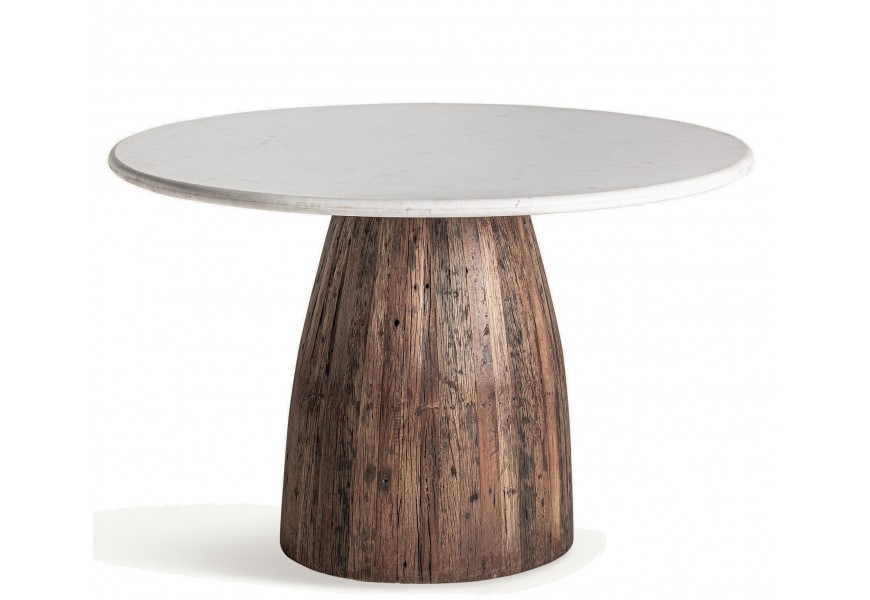 Luxusný masívny okrúhly jedálenský stôl Colton s bielou mramorovou vrchnou doskou a hnedou drevenou nohou 120 cm