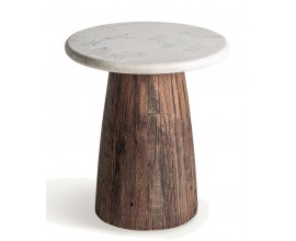 Luxusný mramorový okrúhly príručný stolík Colton s bielou vrchnou doskou a hnedou nohou z masívneho dreva 45 cm