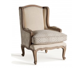 Luxusné provensálské čalúnené krémové kreslo Norod so vzorovaním s hnedým masívnym rámom 102 cm 