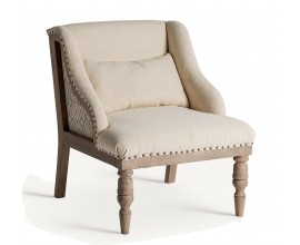 Luxusné provensálské čalúnené krémové kreslo Norod s vybíjanými nitmi so vzorom a masívnymi hnedými nožičkami 75 cm